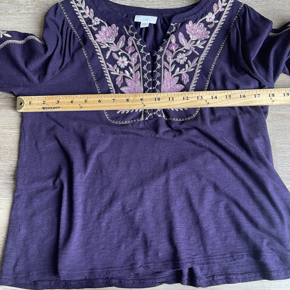 J Jill Womens Embroidered Peasant Top Small Petite Purple Floral V-Neck Boho - Picture 3 of 8